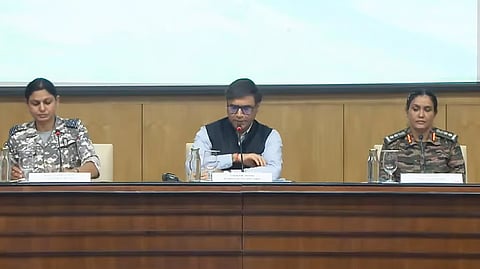 Foreign Secretary Vikram Misri (C), Colonel Sofiya Qureshi (R) and Wing Commander Vyomika Singh (L) address the media