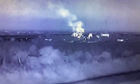 Smoke rises from terrorist launch pads, from where drones were being launched, after they were destroyed by the Indian Army, near Jammu, Saturday, May 10, 2025. 