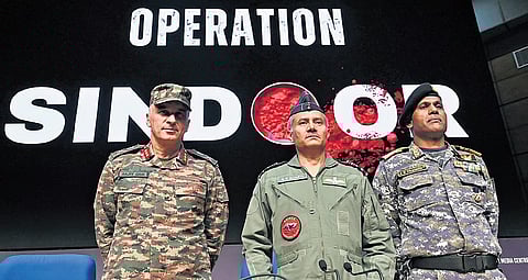 Director General of Military Operations (DGMO) Lt General Rajiv Ghai (Left) with Air Marshal AK Bharti (Centre) and Vice Admiral AN Pramod during a press conference on ‘Operation Sindoor’, in New Delhi on Monday