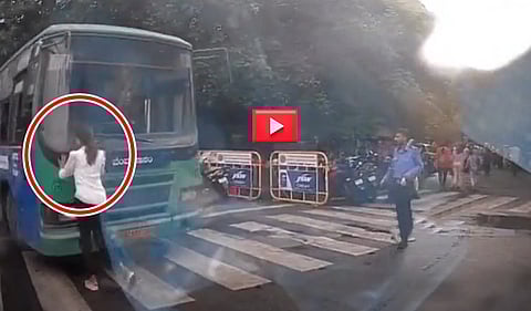 ಸ್ವಲ್ಪದರಲ್ಲೆ ಯುವತಿ ಬಚಾವ್: ರಸ್ತೆಮಧ್ಯೆ BMTC ಬಸ್​ ಚಾಲಕನ ಹುಚ್ಚಾಟ; Video Viral!