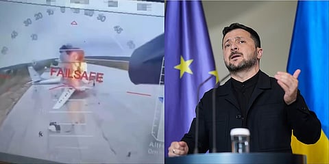 In this image  Ukrainian Security Service shows a Ukrainian drone striking Russian planes 