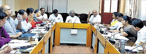 Forest Minister Eshwar Khandre convenes a meeting of MLAs, forest and revenue department officials from Chikkamagaluru district, at Vikasa Soudha in Bengaluru on Saturday