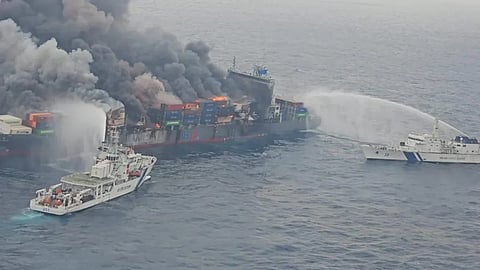 cargo ship burns off India coast
