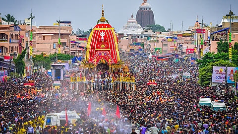 People pull the chariot of Lord Jagannath during the annual 'Rath Yatra' festival, in Puri, Odisha, Saturday, June 28, 2025
