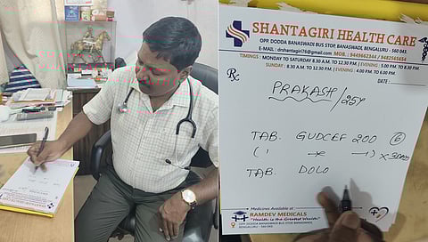 Dr Shantagiri at his clinic; Medicine prescription written in capital letters
