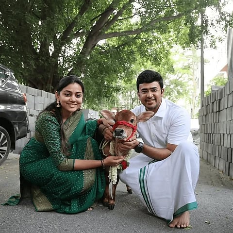 Tejasvi Surya and Sivasri Skandaprasad with calf