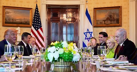 President Donald Trump, left, meets with Israel's Prime Minister Benjamin Netanyahu