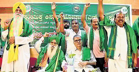 Farmer leaders during a state-level convention, organised by the Samyukta Kisan Morcha in Bengaluru, on Monday
