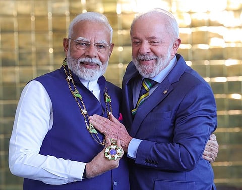 Prime Minister Narendra Modi conferred with the ‘Grand Collar of the National Order of the Southern Cross’ by Brazilian President Luiz Inácio Lula da Silva, 