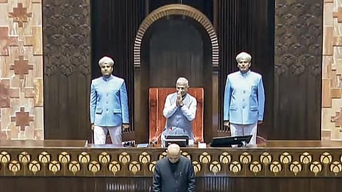 Deputy Chairman of Rajya Sabha Harivansh Narayan Singh arrives to conduct the proceedings of the house during the Monsoon Session of the Parliament