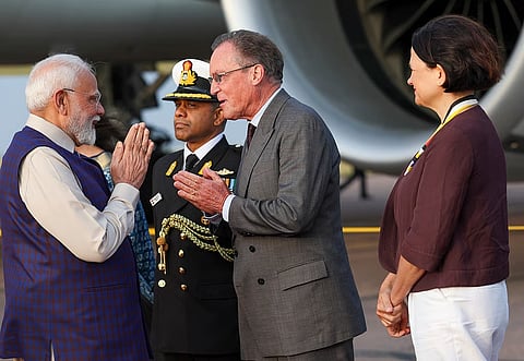 Prime Minister Narendra Modi being welcomed upon his arrival in UK, Wednesday, July 23, 2025