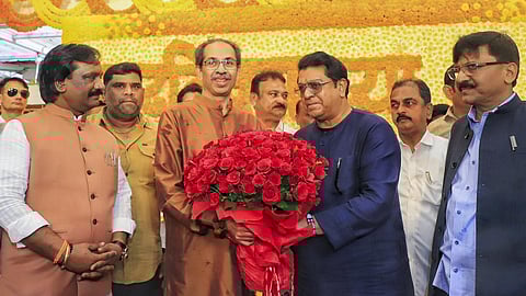 Shiv Sena (UBT) chief Uddhav Thackeray is being greeted by Maharashtra Navnirman Sena President Raj Thackeray on his birthday. 