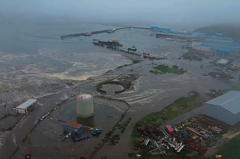 This image shows the aftermath of a tsunami hitting the coastal area of Severo-Kurilsk at Paramushir Island of the Kuril Islands, Russia, Wednesday, July 30, 2025.