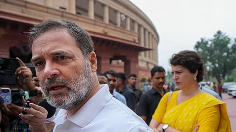 Leader of Opposition in the Lok Sabha Rahul Gandhi and Congress MP Priyanka Gandhi Vadra during the Monsoon session of Parliament, in New Delhi, Thursday, July 31, 2025.