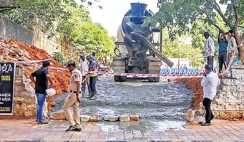 A section of Freedom Park’s compound wall was demolished to create a larger entrance for the Congress protest