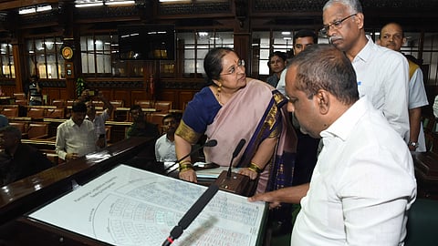 Speaker UT Khader inspects the Assembly Hall in Vidhana Soudha on the eve of the session in Bengaluru on Sunday.