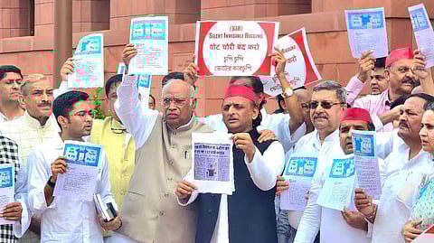 INDIA bloc leaders during a protest against the Special Intensive Revision (SIR) of electoral rols in Bihar.