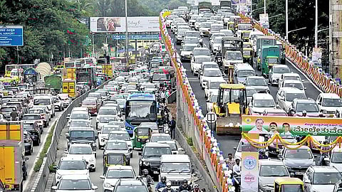 Bumper-to-bumper traffic on the newly inaugurated Hebbal Flyover loop on Monday