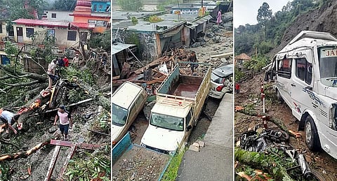 Devastation at a disaster-hit area due to heavy rainfall, at Tharali, in Chamoli district, Uttarakhand, Friday