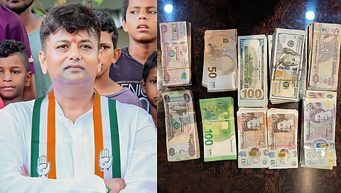 KC Veerendra Puppy and image showing Foriegn currency recovered during searches