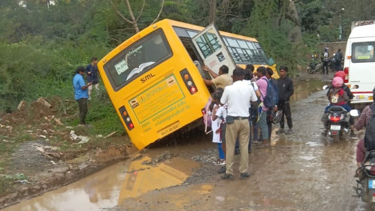 Bus carrying school children in Bengaluru tilts after wheel gets stuck in pothole