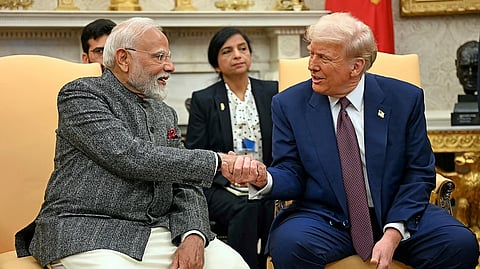 US President Donald Trump shakes hands with Indian Prime Minister Narendra Modi in the Oval Office of the White House in Washington, DC