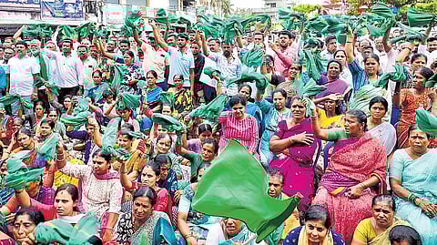 Farmers protest against land acquisition in Bidadi, Byramangala, and Kanchugaranahalli on Tuesday