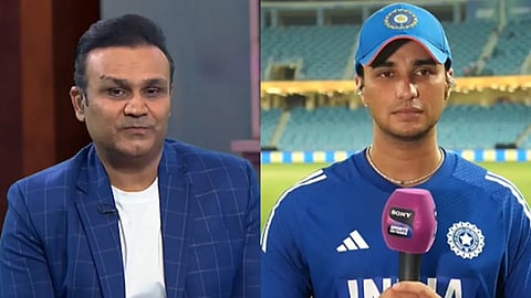 Abhishek Sharma speaking to Virender Sehwag after match against Pakistan