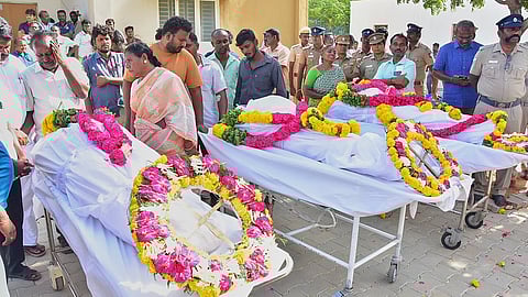 Bereaved family members and relatives of victims, who died after a stampede at actor and TVK chief Vijay's rally on Saturday