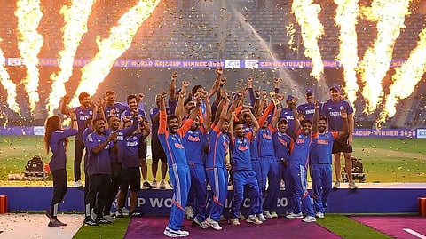 Team India celebrates after winning the Asia Cup cricket final against Pakistan at Dubai International Cricket Stadium, United Arab Emirates, Sunday, Sept. 28, 2025.