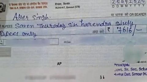 IMAGE: The cheque reportedly issued by a teacher of Government Senior Secondary School in Rohnat. Photograph: X