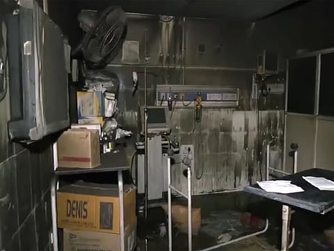 Various documents, ICU equipment, blood sample tubes, and other items stored in the area were gutted by the fire.(Photo | ANI)