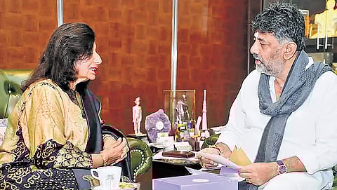 Biocon Chairperson Kiran Mazumdar-Shaw calls on DCM DK Shivakumar at the latter’s residence in Sadashivanagar on Tuesday.