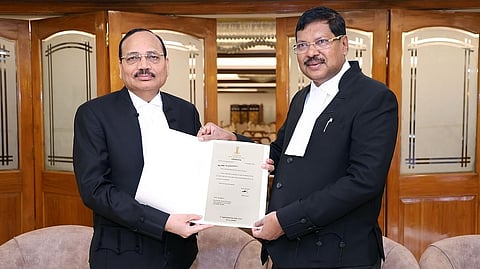 Incumbent CJI B R Gavai with CJI-designate Justice Surya Kant.