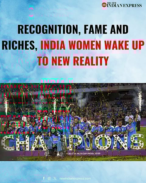 Indias players celebrate with the trophy during the presentation ceremony after winning the ICC Womens World Cup 2025, at the DY Patil Stadium, in Navi Mumbai