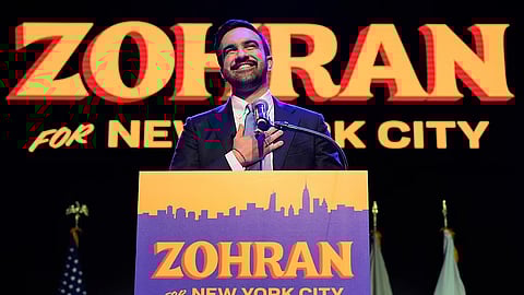 Zohran Mamdani speaks during a victory speech at a mayoral election night watch party