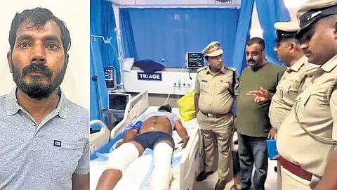 Raviprasad Reddy; (right) Police officers keep watch over the accused in hospital, after he was taken there after being shot in his legs