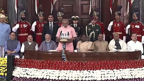 Vice President C P Radhakrishnan addressing a Constitution Day event at the Central Hall of the Old Parliament building.