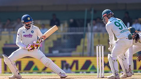 India's Ravindra Jadeja plays a shot during the fifth day of the second Test cricket match between India and South Africa.