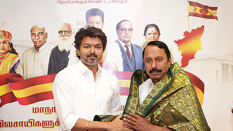 TVK president Vijay welcomes KA Sengottaiyan to his party after he joined the party on Thursday.