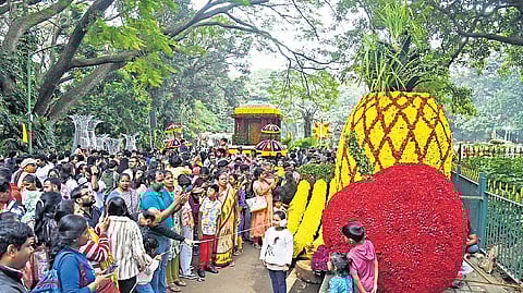 Floral display of Hampi chariot, Karnataka map, fish; Visitors pose with a flower-decked butterfly. which started on November 27, will conclude on December 7.