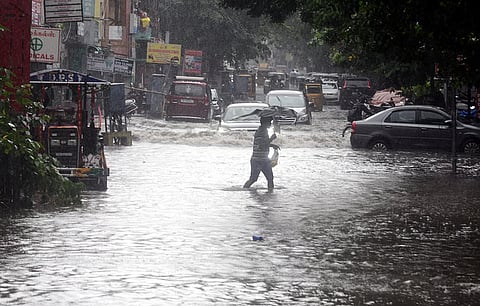 Waterlogged Bazaar Road at Saidapet due to rain in Chennai.
