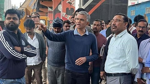 Revenue Minister Krishna Byre Gowda during an inspection of the metro's Phase 2B work on Wednesday. BMRCL MD