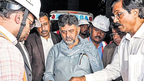 Deputy Chief Minister DK Shivakumar inspects the progress of the Metro Airport Line in Kodigehalli on Friday