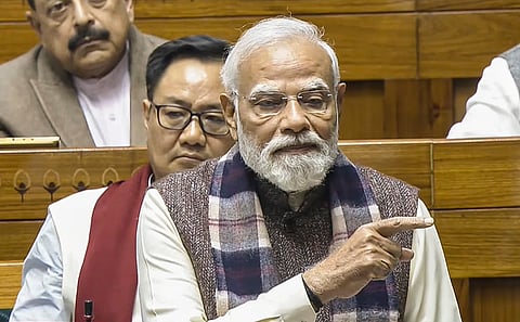 PM Narendra Modi speaks in the Lok Sabha during a discussion on the 150th anniversary of the national song 'Vande Mataram'