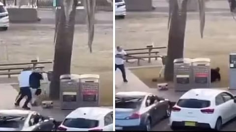 unarmed man hiding behind parked cars before attacking the gunman