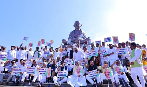 Congress Leaders Protest in front of the Gandhi statue at Suvarna Vidhana Soudha in Belagavi.