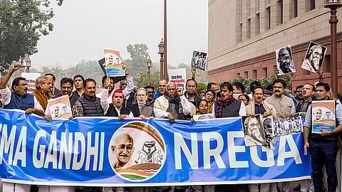 Opposition parties Leaders raise slogans during a protest March at the Parliament House complex.