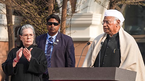 Congress President Mallikarjun Kharge, addresses the gathering during the flag-hoisting ceremony marking the 140th Foundation Day of the party at Indira Bhawan.
