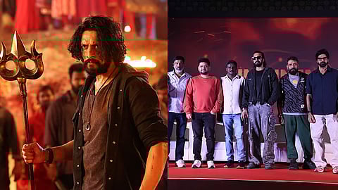 Kichcha Sudeep in a still from Mark and a still of the cast and crew from the film's success meet